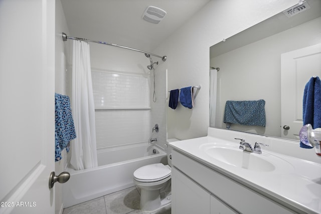 full bathroom with shower / bath combination with curtain, tile patterned floors, toilet, and vanity