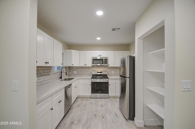 kitchen with sink, light hardwood / wood-style flooring, white cabinets, stainless steel appliances, and backsplash