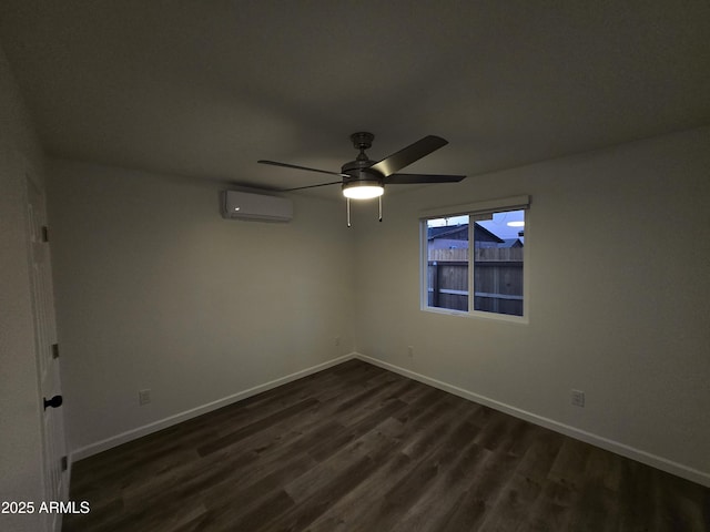 unfurnished room featuring dark hardwood / wood-style flooring, ceiling fan, and a wall unit AC