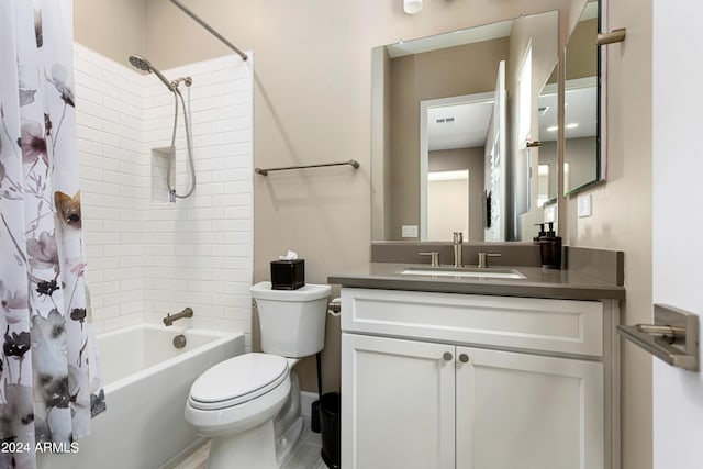 bathroom with toilet, shower / bathtub combination with curtain, visible vents, and vanity