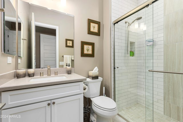 full bathroom with toilet, vanity, and a shower stall