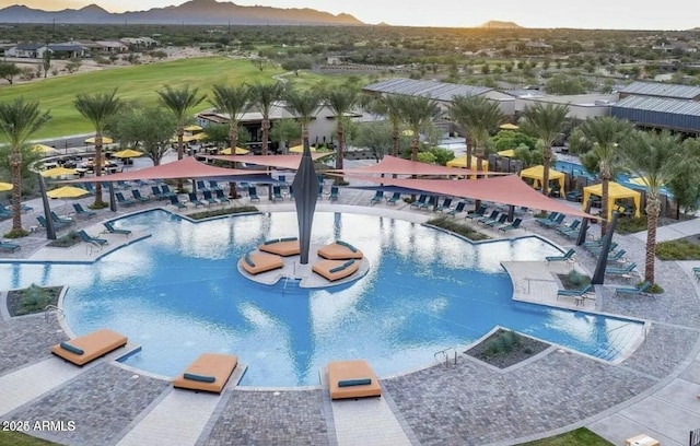 view of pool featuring a mountain view