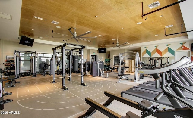 gym with wood ceiling, visible vents, and a ceiling fan