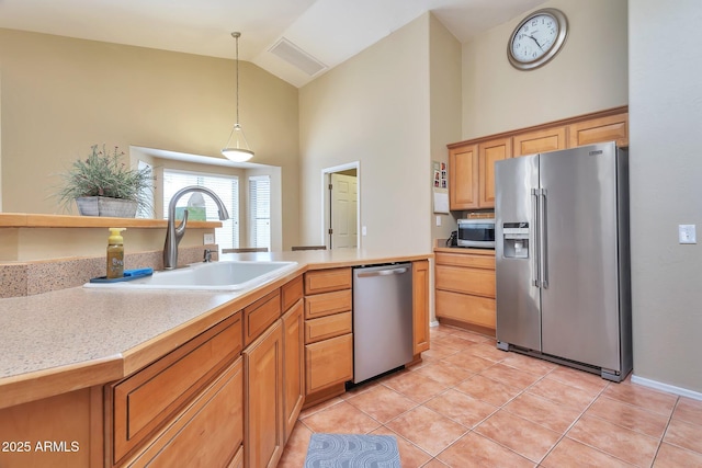 6102 W Shangri La Rd, Glendale, AZ 85304 - kitchen featuring high vaulted ceiling, light countertops, a sink, light tile patterned floors, and stainless steel appliances