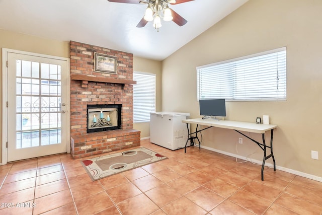 6102 W Shangri La Rd, Glendale, AZ 85304 - office space featuring a brick fireplace, lofted ceiling, light tile patterned flooring, baseboards, and a ceiling fan