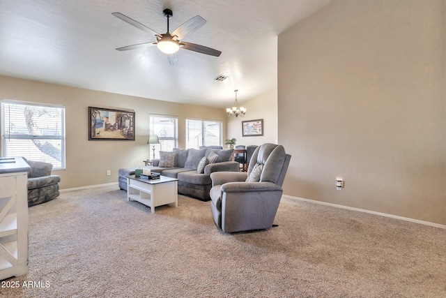 6102 W Shangri La Rd, Glendale, AZ 85304 - living area featuring visible vents, baseboards, light colored carpet, and ceiling fan with notable chandelier