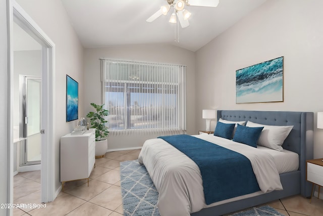 tiled bedroom featuring ceiling fan and lofted ceiling