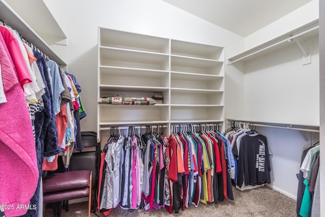 walk in closet featuring lofted ceiling and carpet