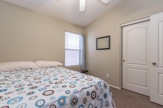 carpeted bedroom featuring baseboards, a ceiling fan, and lofted ceiling