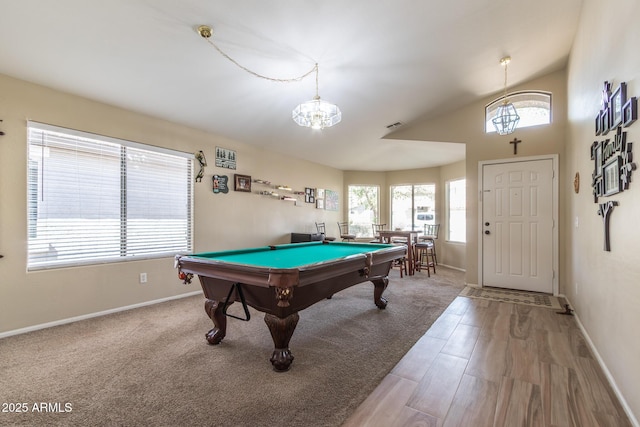 game room featuring baseboards, wood finished floors, billiards, and vaulted ceiling