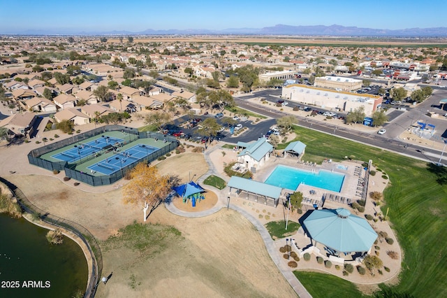 drone / aerial view featuring a mountain view