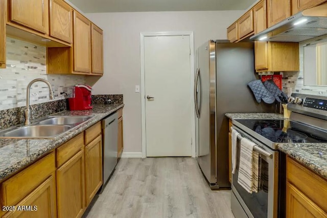 kitchen with a sink, appliances with stainless steel finishes, under cabinet range hood, backsplash, and light wood-style floors