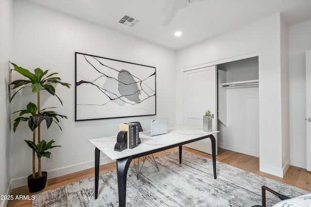 5537 E Earll Dr, Phoenix, AZ 85018 - office area featuring baseboards, a ceiling fan, light wood finished floors, and recessed lighting