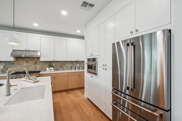 5537 E Earll Dr, Phoenix, AZ 85018 - kitchen featuring stainless steel appliances, under cabinet range hood, a sink, light wood finished floors, and recessed lighting
