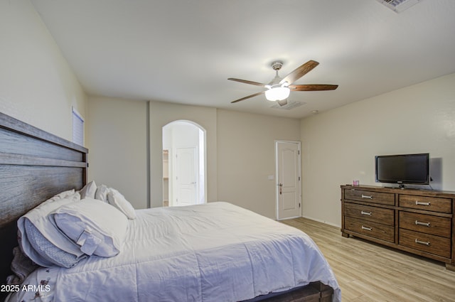 bedroom featuring ceiling fan and light wood-type flooring