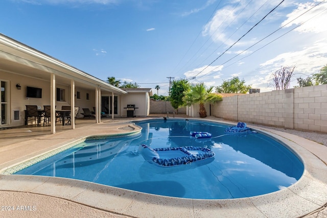 view of swimming pool with grilling area and a patio area