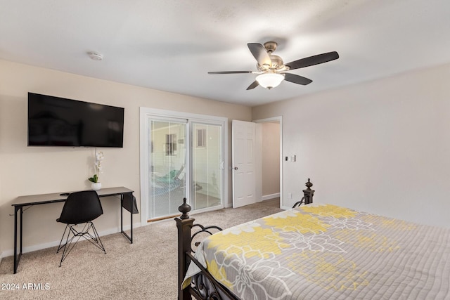 carpeted bedroom with access to outside and ceiling fan