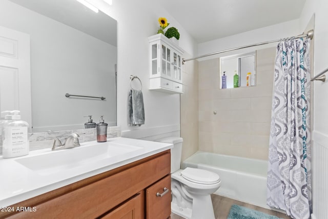 full bathroom with vanity, wood-type flooring, shower / bathtub combination with curtain, and toilet