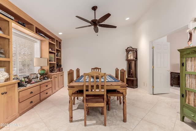 dining space featuring light tile patterned floors, ceiling fan, and recessed lighting