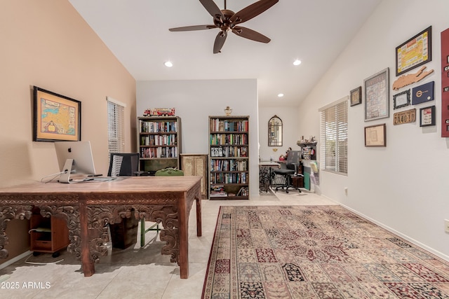 office space with tile patterned flooring, vaulted ceiling, a ceiling fan, and recessed lighting