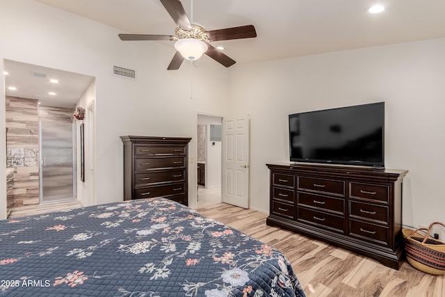 bedroom featuring ceiling fan, light wood finished floors, visible vents, and recessed lighting