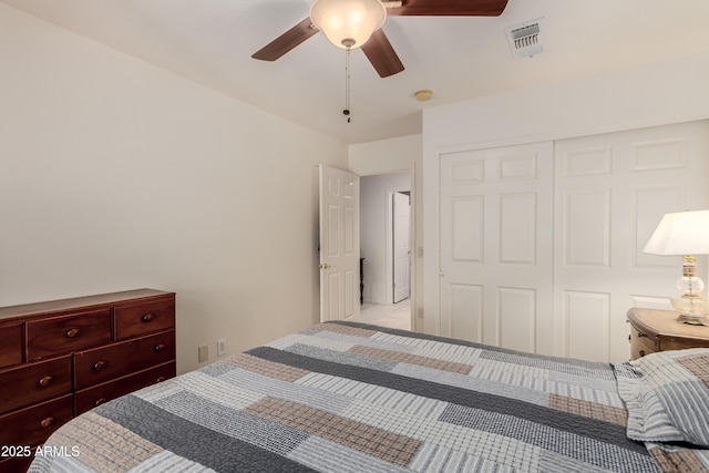 bedroom with a ceiling fan, a closet, and visible vents