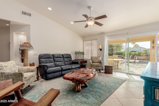 tiled living area featuring ceiling fan, visible vents, vaulted ceiling, and recessed lighting