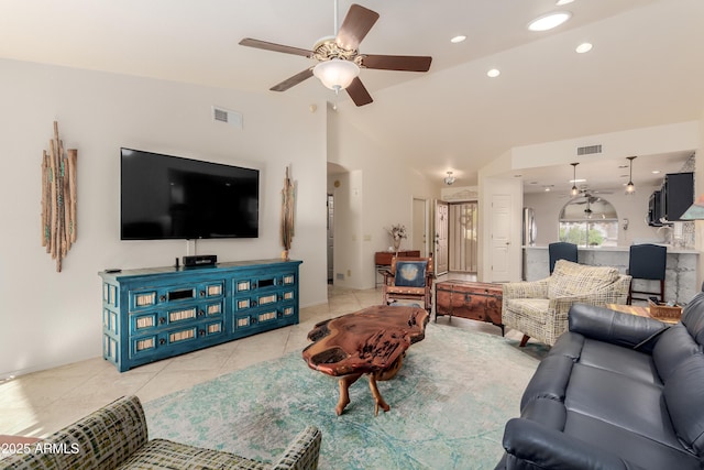 living area with light tile patterned floors, visible vents, a ceiling fan, and recessed lighting