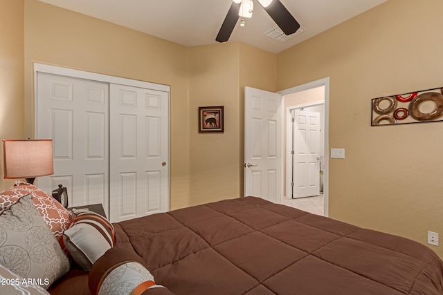 bedroom featuring a closet and ceiling fan