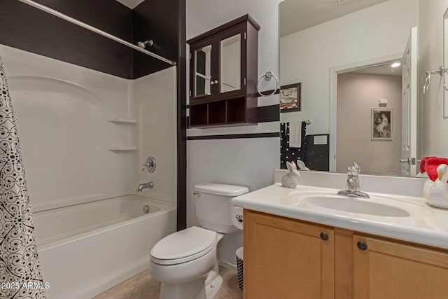 full bathroom with toilet, tile patterned flooring, shower / bath combo, and vanity