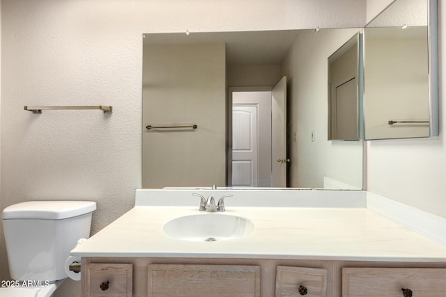 bathroom featuring toilet, a textured wall, and vanity