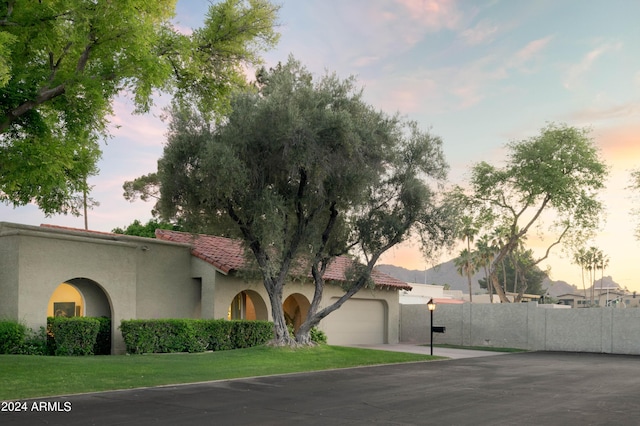 view of front facade featuring a lawn and a garage