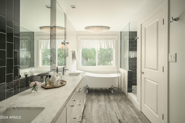 bathroom with plus walk in shower, hardwood / wood-style floors, and vanity