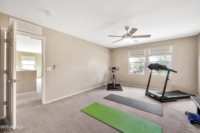 workout area featuring baseboards, carpet floors, visible vents, and a ceiling fan