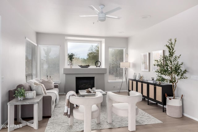 living room with light hardwood / wood-style flooring and ceiling fan