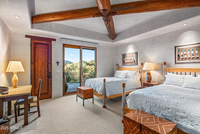 carpeted bedroom featuring access to exterior, ceiling fan, and beamed ceiling