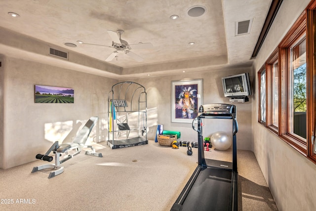 workout area featuring carpet flooring, a raised ceiling, and ceiling fan