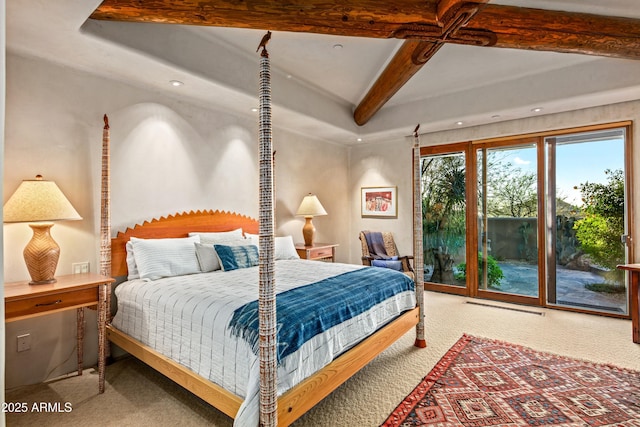 bedroom featuring access to exterior, beamed ceiling, and carpet