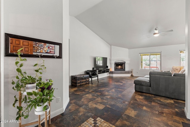 living room featuring high vaulted ceiling and ceiling fan