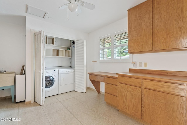 washroom featuring washing machine and dryer and ceiling fan