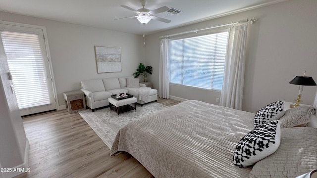 bedroom with ceiling fan and light wood-type flooring