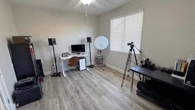 office featuring ceiling fan and light hardwood / wood-style floors