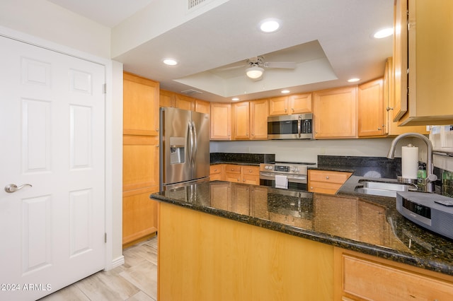 kitchen featuring ceiling fan, a raised ceiling, sink, stainless steel appliances, and dark stone countertops