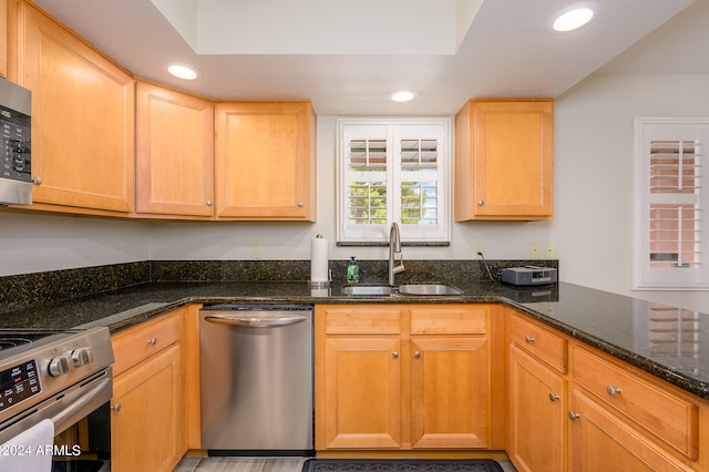 kitchen with appliances with stainless steel finishes, dark stone counters, and sink