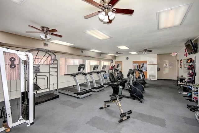 exercise room with ceiling fan