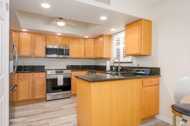 kitchen with sink, kitchen peninsula, appliances with stainless steel finishes, a tray ceiling, and dark stone countertops