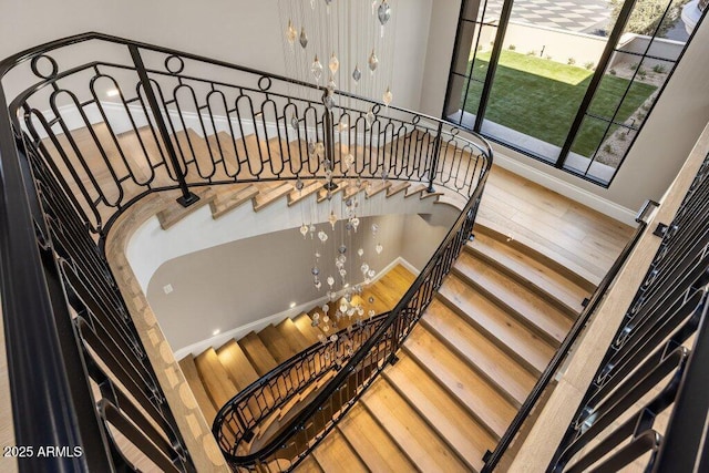 staircase with hardwood / wood-style flooring