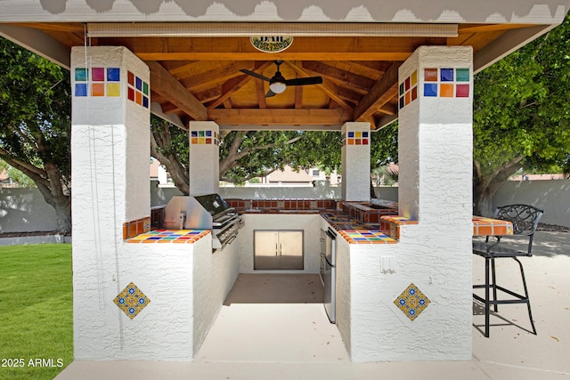 811 S Pearl Dr, Gilbert, AZ 85233 - view of patio / terrace with a ceiling fan, a grill, exterior kitchen, a gazebo, and outdoor wet bar
