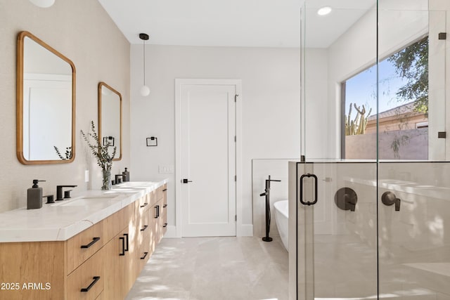 bathroom featuring vanity and plus walk in shower