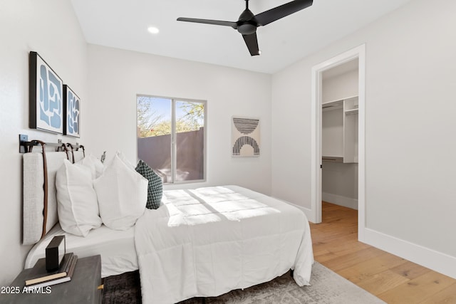 bedroom with a walk in closet, wood-type flooring, ceiling fan, and a closet